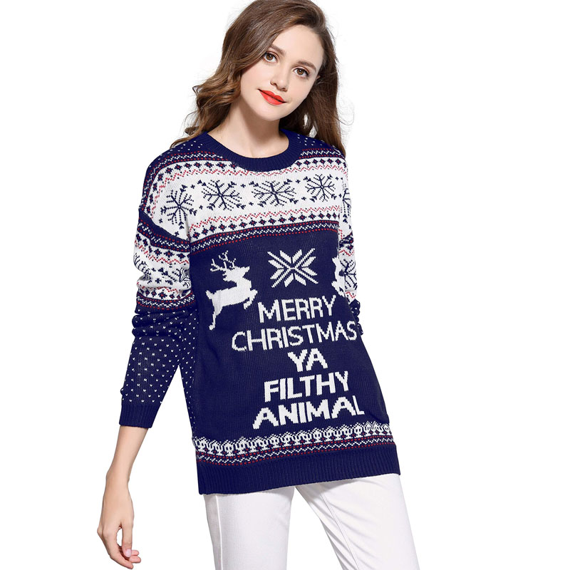 Women Christmas Printing Round Neck Sweater